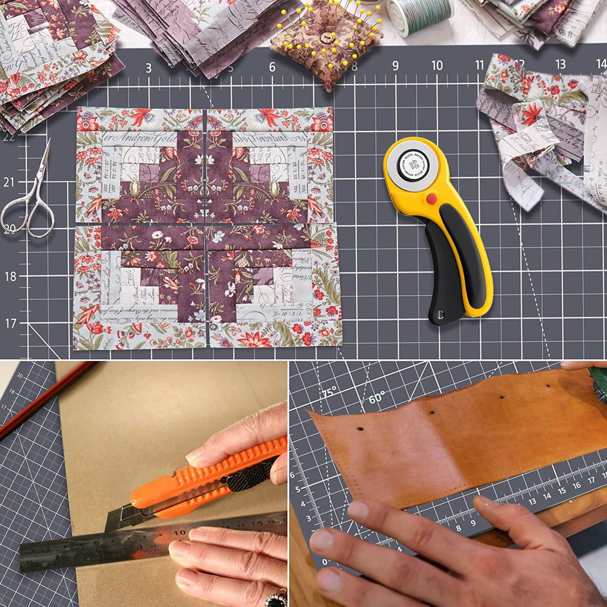 18"x12" Thickened Self Healing Cutting Mat, A3 Rotary Cutting Sewing Mat for Crafts, Double Sided 5-Ply Table Cutting Board for Fabric Quilting Art Hobby Project, Pink/Purple
