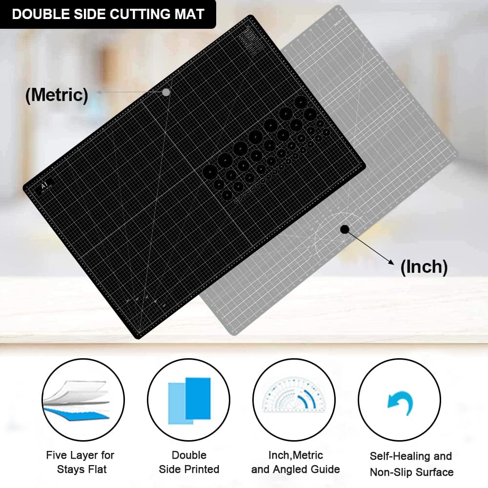 18"x12" Thickened Self Healing Cutting Mat, A3 Rotary Cutting Sewing Mat for Crafts, Double Sided 5-Ply Table Cutting Board for Fabric Quilting Art Hobby Project, Pink/Purple