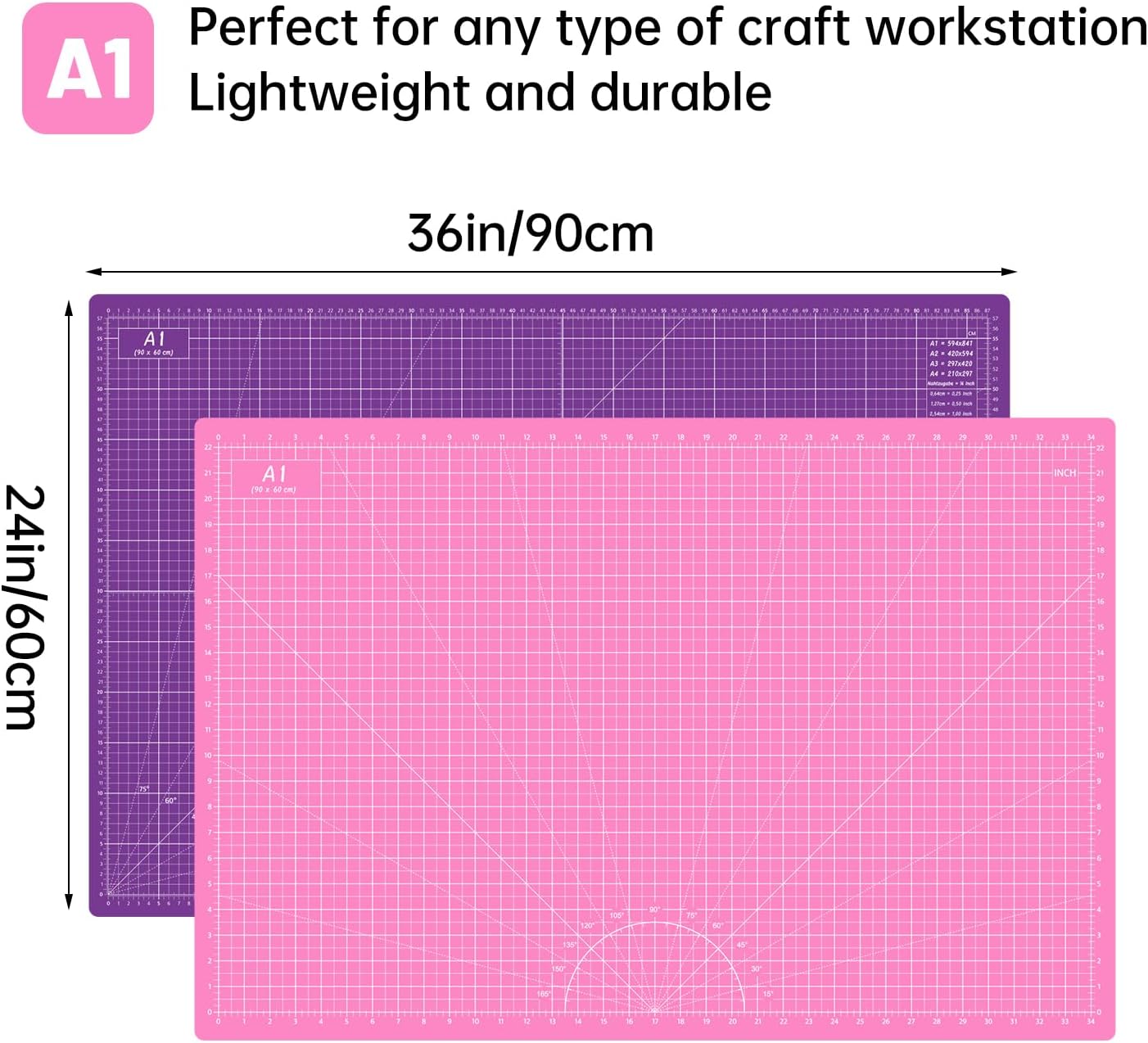 18"x12" Thickened Self Healing Cutting Mat, A3 Rotary Cutting Sewing Mat for Crafts, Double Sided 5-Ply Table Cutting Board for Fabric Quilting Art Hobby Project, Pink/Purple