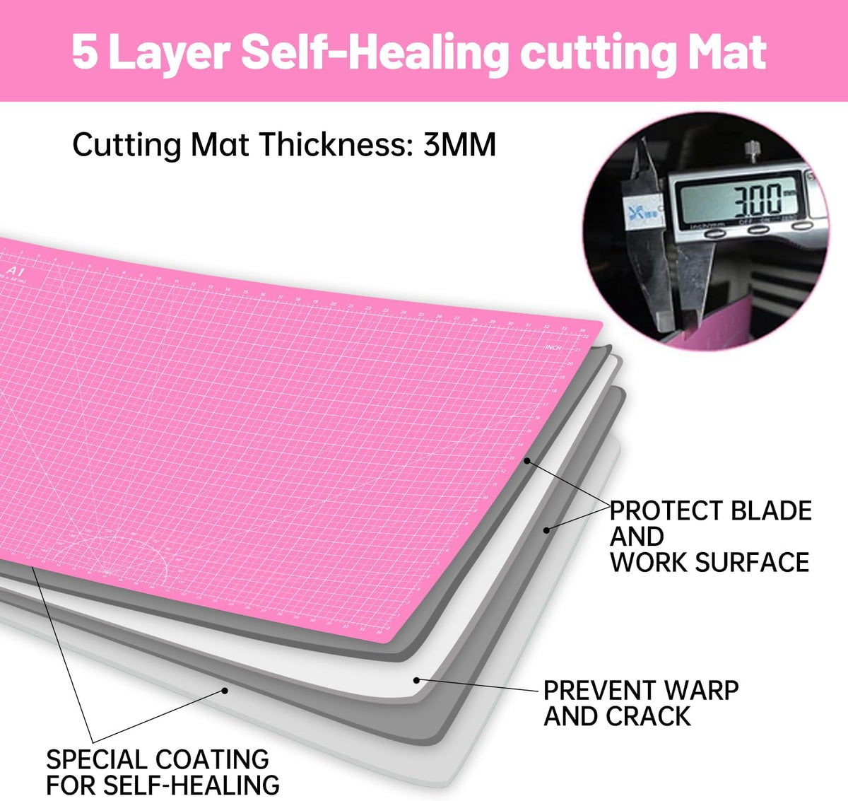18"x12" Thickened Self Healing Cutting Mat, A3 Rotary Cutting Sewing Mat for Crafts, Double Sided 5-Ply Table Cutting Board for Fabric Quilting Art Hobby Project, Pink/Purple