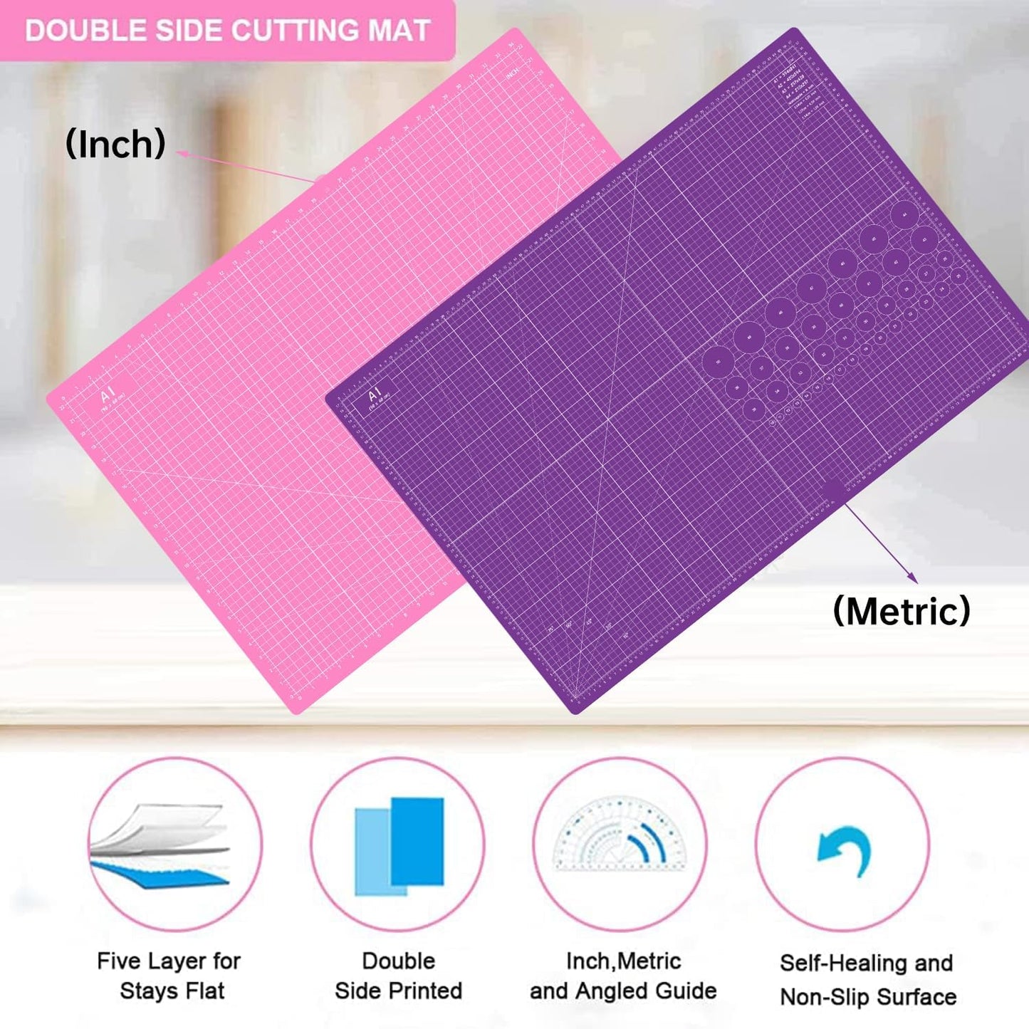 18"x12" Thickened Self Healing Cutting Mat, A3 Rotary Cutting Sewing Mat for Crafts, Double Sided 5-Ply Table Cutting Board for Fabric Quilting Art Hobby Project, Pink/Purple