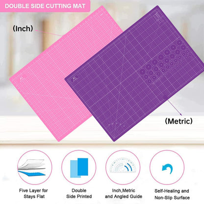 18"x12" Thickened Self Healing Cutting Mat, A3 Rotary Cutting Sewing Mat for Crafts, Double Sided 5-Ply Table Cutting Board for Fabric Quilting Art Hobby Project, Pink/Purple