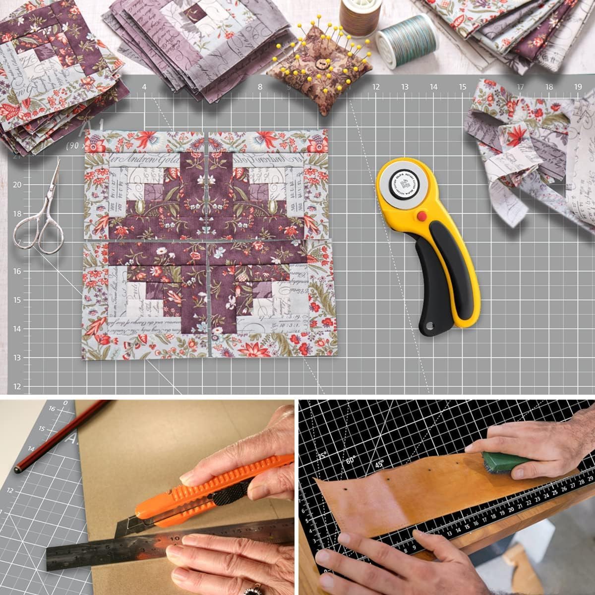 18"x12" Thickened Self Healing Cutting Mat, A3 Rotary Cutting Sewing Mat for Crafts, Double Sided 5-Ply Table Cutting Board for Fabric Quilting Art Hobby Project, Pink/Purple