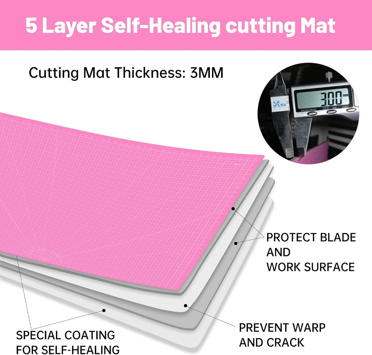 18"x12" Thickened Self Healing Cutting Mat, A3 Rotary Cutting Sewing Mat for Crafts, Double Sided 5-Ply Table Cutting Board for Fabric Quilting Art Hobby Project, Pink/Purple