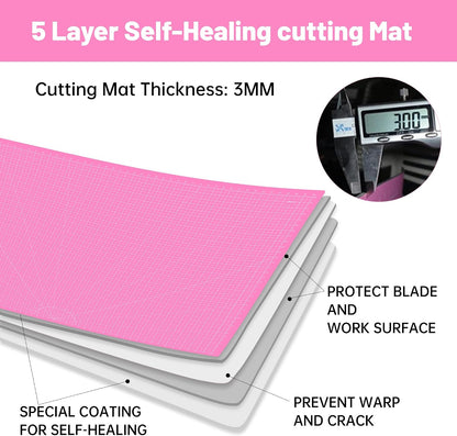 18"x12" Thickened Self Healing Cutting Mat, A3 Rotary Cutting Sewing Mat for Crafts, Double Sided 5-Ply Table Cutting Board for Fabric Quilting Art Hobby Project, Pink/Purple