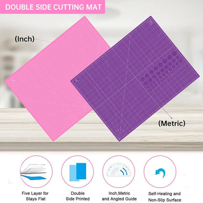 18"x12" Thickened Self Healing Cutting Mat, A3 Rotary Cutting Sewing Mat for Crafts, Double Sided 5-Ply Table Cutting Board for Fabric Quilting Art Hobby Project, Pink/Purple
