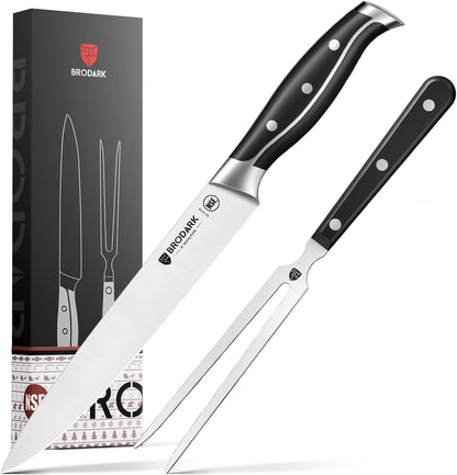 German Stainless Steel Carving Set: 8" Slicing Knife & Fork for Meat, Turkey, BBQ - Full Tang Ergonomic Handle Brisket Knife with Gift Box