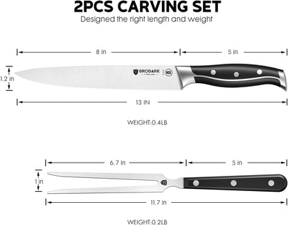 German Stainless Steel Carving Set: 8" Slicing Knife & Fork for Meat, Turkey, BBQ - Full Tang Ergonomic Handle Brisket Knife with Gift Box