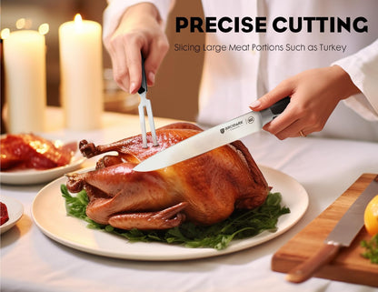 German Stainless Steel Carving Set: 8" Slicing Knife & Fork for Meat, Turkey, BBQ - Full Tang Ergonomic Handle Brisket Knife with Gift Box