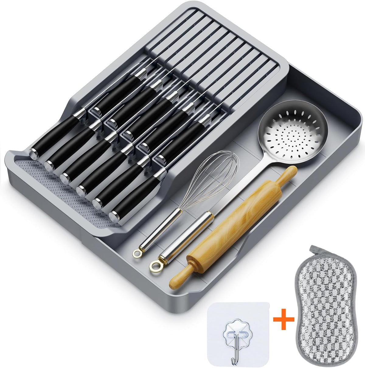 Kitchen Knife Drawer Organizer Grey, In Drawer Knife Block Holder with Expandable Cutlery Tray Compact Organization Drawer Storage Holds Up To 11 Knives (Including Hooks&Sponges)