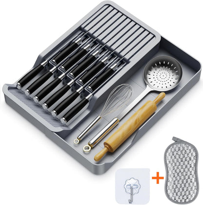 Kitchen Knife Drawer Organizer Grey, In Drawer Knife Block Holder with Expandable Cutlery Tray Compact Organization Drawer Storage Holds Up To 11 Knives (Including Hooks&Sponges)