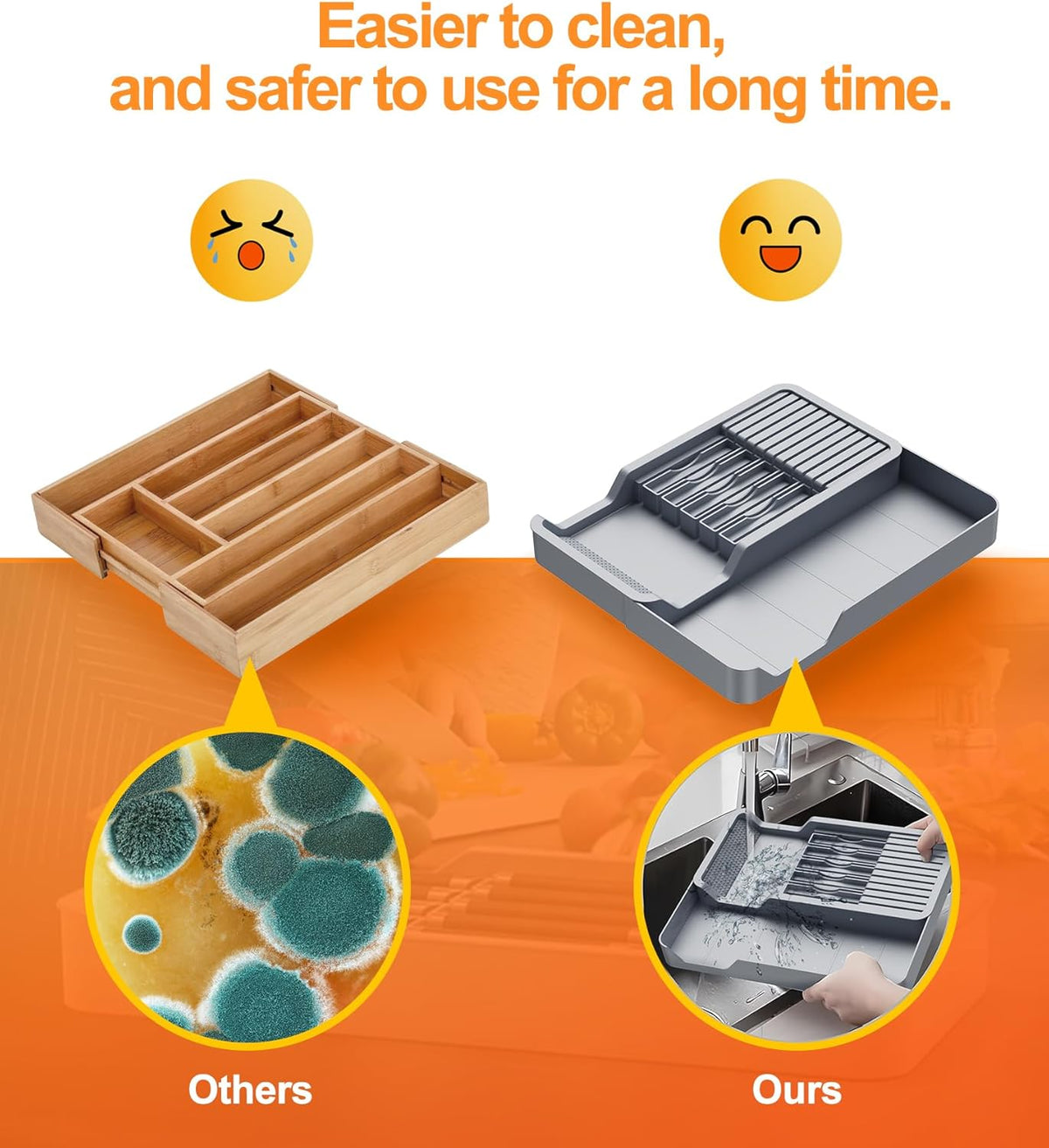 Kitchen Knife Drawer Organizer Grey, In Drawer Knife Block Holder with Expandable Cutlery Tray Compact Organization Drawer Storage Holds Up To 11 Knives (Including Hooks&Sponges)