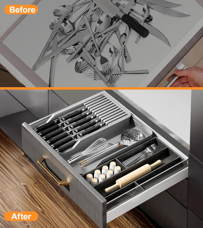 Kitchen Knife Drawer Organizer Grey, In Drawer Knife Block Holder with Expandable Cutlery Tray Compact Organization Drawer Storage Holds Up To 11 Knives (Including Hooks&Sponges)
