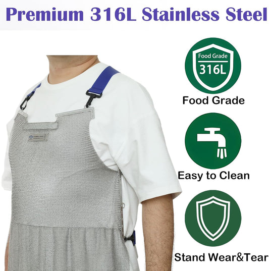 Chainmail Apron for Butcher,Food Grade,Stainless Steel Ring,Anti-Cutting | RETON-PPE 316L Cut Resistant Protective,Cutting Meat,Safety Work Bib with Adjustable Strap