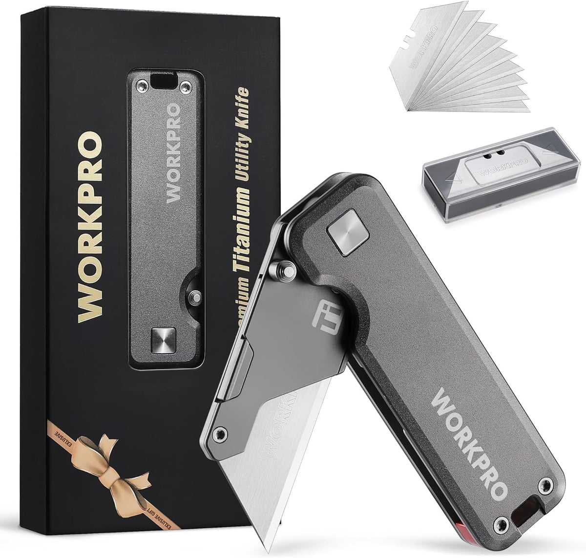Premium Titanium Utility Knife, CNC Unibody, Lightweight Aluminium Handle Folding Box Cutter, Quick Change Blade Razor Knife,Ideal Gifts for Men Women, with 10 Extra Blades
