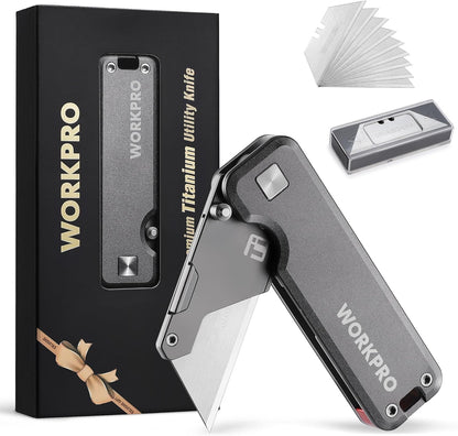 Premium Titanium Utility Knife, CNC Unibody, Lightweight Aluminium Handle Folding Box Cutter, Quick Change Blade Razor Knife,Ideal Gifts for Men Women, with 10 Extra Blades