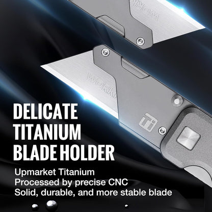 Premium Titanium Utility Knife, CNC Unibody, Lightweight Aluminium Handle Folding Box Cutter, Quick Change Blade Razor Knife,Ideal Gifts for Men Women, with 10 Extra Blades