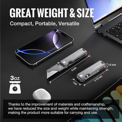 Premium Titanium Utility Knife, CNC Unibody, Lightweight Aluminium Handle Folding Box Cutter, Quick Change Blade Razor Knife,Ideal Gifts for Men Women, with 10 Extra Blades