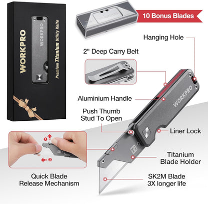 Premium Titanium Utility Knife, CNC Unibody, Lightweight Aluminium Handle Folding Box Cutter, Quick Change Blade Razor Knife,Ideal Gifts for Men Women, with 10 Extra Blades