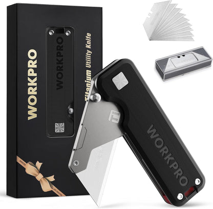 Premium Titanium Utility Knife, CNC Unibody, Lightweight Aluminium Handle Folding Box Cutter, Quick Change Blade Razor Knife,Ideal Gifts for Men Women, with 10 Extra Blades