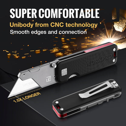 Premium Titanium Utility Knife, CNC Unibody, Lightweight Aluminium Handle Folding Box Cutter, Quick Change Blade Razor Knife,Ideal Gifts for Men Women, with 10 Extra Blades