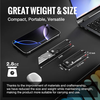 Premium Titanium Utility Knife, CNC Unibody, Lightweight Aluminium Handle Folding Box Cutter, Quick Change Blade Razor Knife,Ideal Gifts for Men Women, with 10 Extra Blades