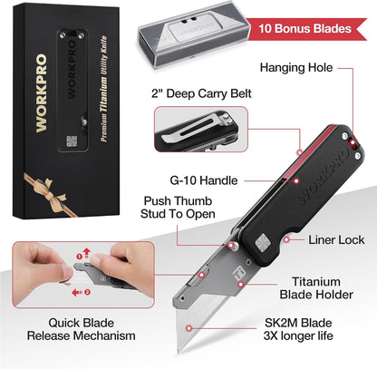 Premium Titanium Utility Knife, CNC Unibody, Lightweight Aluminium Handle Folding Box Cutter, Quick Change Blade Razor Knife,Ideal Gifts for Men Women, with 10 Extra Blades