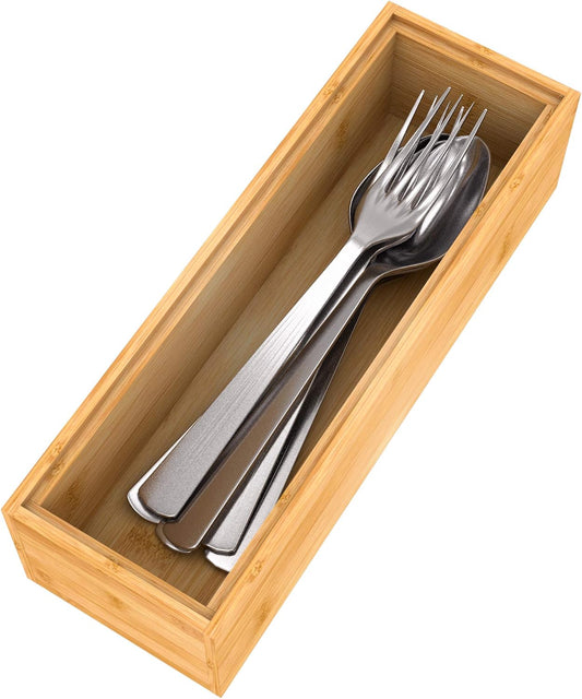Stackable Utensil Drawer Organizer, Bamboo Kitchen Flatware Holder 9"x 3" | Silverware Drawer Organizer, Caddy Cutlery Holder, Wooden Storage Boxes Tray for Bedroom,Office, Bathroom, Vanity, RV