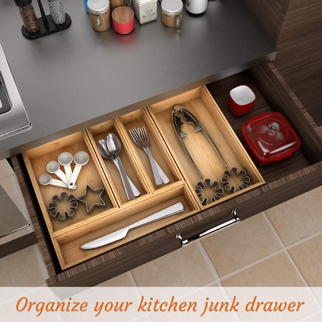 Stackable Utensil Drawer Organizer, Bamboo Kitchen Flatware Holder 9"x 3" | Silverware Drawer Organizer, Caddy Cutlery Holder, Wooden Storage Boxes Tray for Bedroom,Office, Bathroom, Vanity, RV