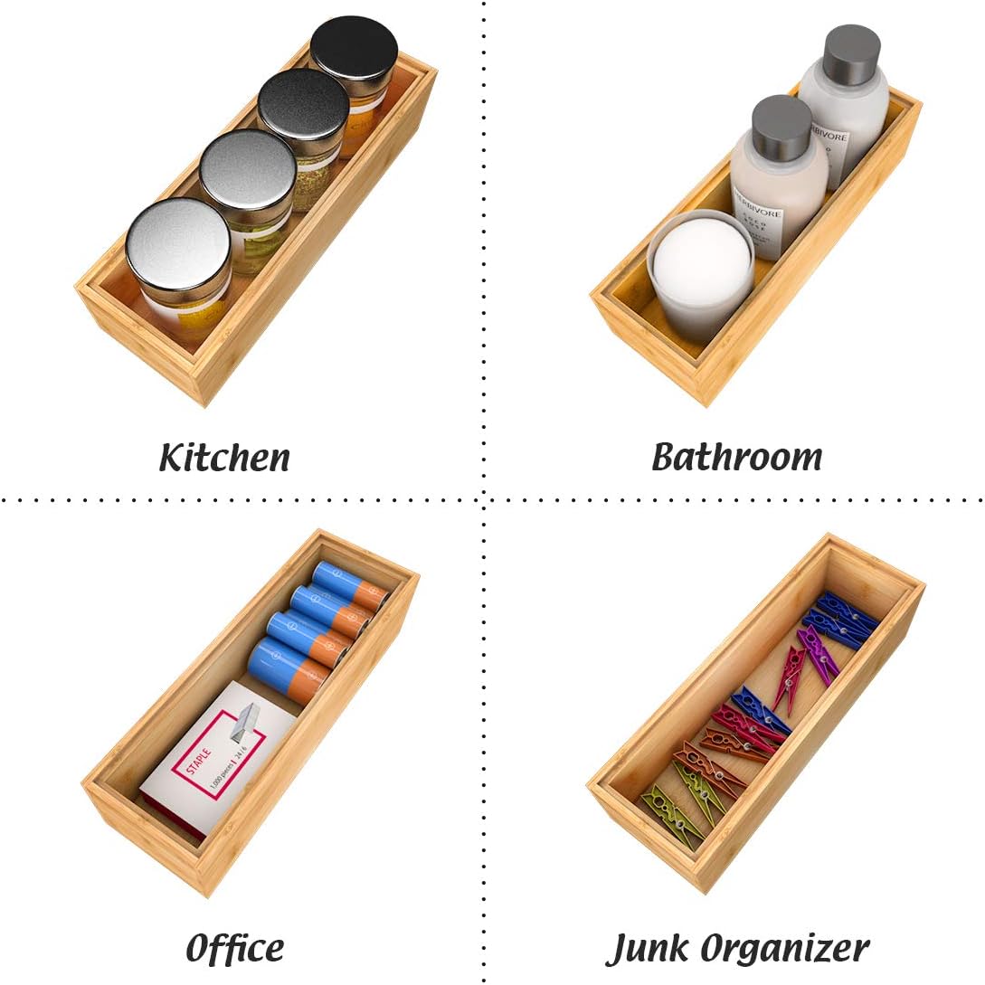 Stackable Utensil Drawer Organizer, Bamboo Kitchen Flatware Holder 9"x 3" | Silverware Drawer Organizer, Caddy Cutlery Holder, Wooden Storage Boxes Tray for Bedroom,Office, Bathroom, Vanity, RV