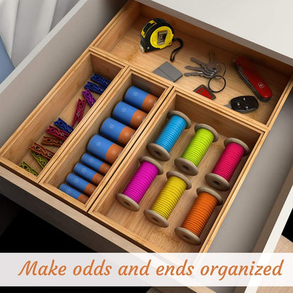 Stackable Utensil Drawer Organizer, Bamboo Kitchen Flatware Holder 9"x 3" | Silverware Drawer Organizer, Caddy Cutlery Holder, Wooden Storage Boxes Tray for Bedroom,Office, Bathroom, Vanity, RV