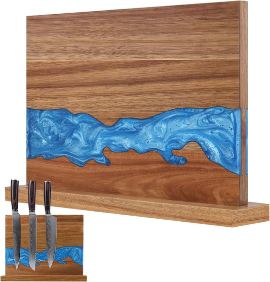 Magnetic Knife Block | Double Sided Magnetic Knife Holder | Acacia Wood Magnetic Knife Rack | Magnetic Knife Storage Stand for Kitchen Counter, Blue Resin River, 12.59×9.84IN (No Knife)