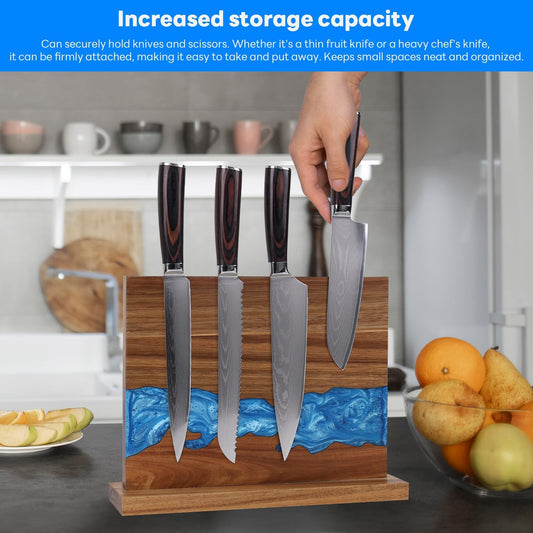 Magnetic Knife Block | Double Sided Magnetic Knife Holder | Acacia Wood Magnetic Knife Rack | Magnetic Knife Storage Stand for Kitchen Counter, Blue Resin River, 12.59×9.84IN (No Knife)