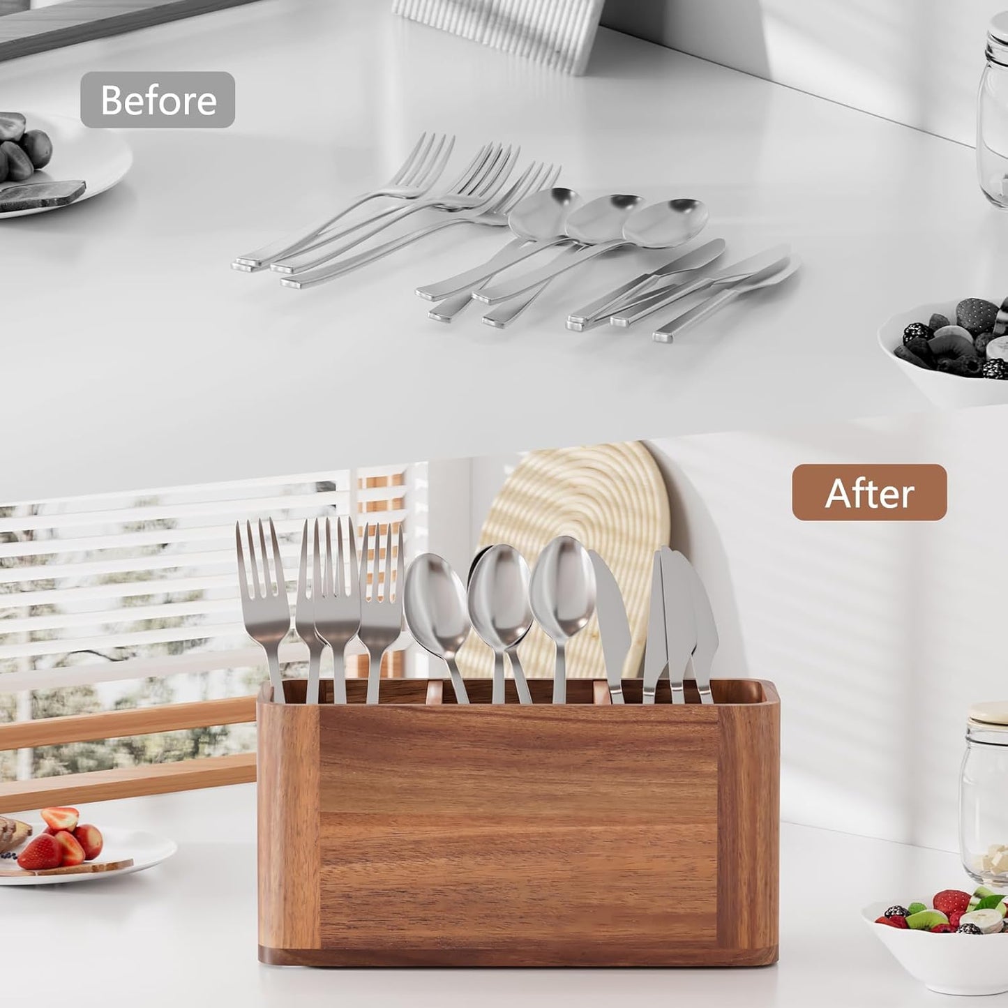 Silverware Holder, Acacia Wood Utensil Holder for Party, Silverware Organizer Countertop, Picnic Caddy for Party, Countertop, Camping