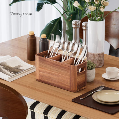 Silverware Holder, Acacia Wood Utensil Holder for Party, Silverware Organizer Countertop, Picnic Caddy for Party, Countertop, Camping