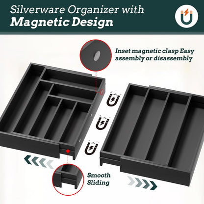 Silverware Organizer Large, Magnetic Connected Expandable 13 Slots Silverware Drawer Organizer From 21 to 37.4 Inches, Adjustable Flatware and Cutlery Holder, Bamboo Utensil Tray for Kitchen Natural