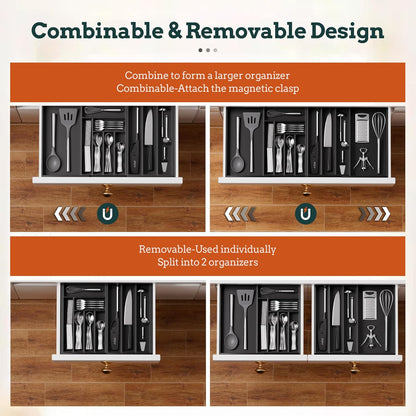Silverware Organizer Large, Magnetic Connected Expandable 13 Slots Silverware Drawer Organizer From 21 to 37.4 Inches, Adjustable Flatware and Cutlery Holder, Bamboo Utensil Tray for Kitchen Natural