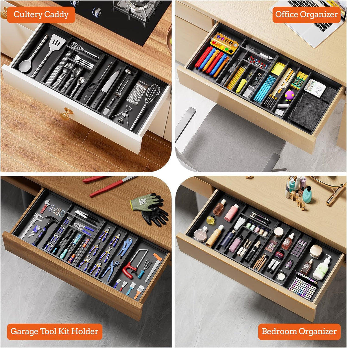 Silverware Organizer Large, Magnetic Connected Expandable 13 Slots Silverware Drawer Organizer From 21 to 37.4 Inches, Adjustable Flatware and Cutlery Holder, Bamboo Utensil Tray for Kitchen Natural