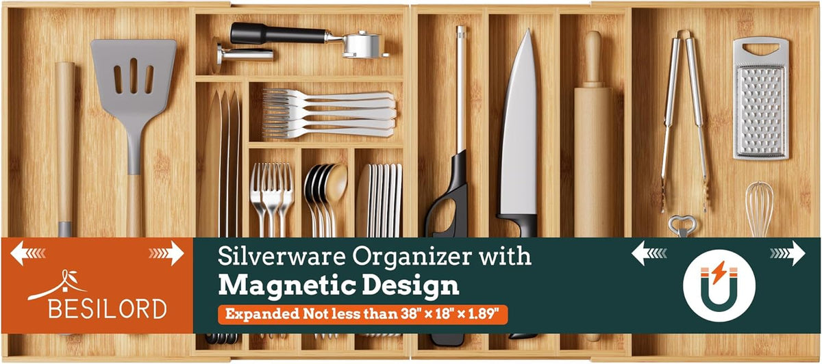 Silverware Organizer Large, Magnetic Connected Expandable 13 Slots Silverware Drawer Organizer From 21 to 37.4 Inches, Adjustable Flatware and Cutlery Holder, Bamboo Utensil Tray for Kitchen Natural