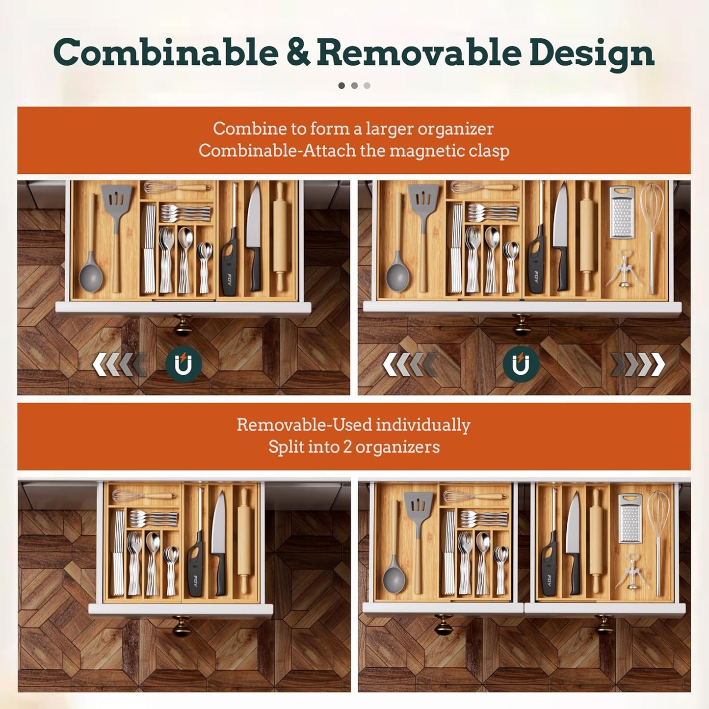 Silverware Organizer Large, Magnetic Connected Expandable 13 Slots Silverware Drawer Organizer From 21 to 37.4 Inches, Adjustable Flatware and Cutlery Holder, Bamboo Utensil Tray for Kitchen Natural