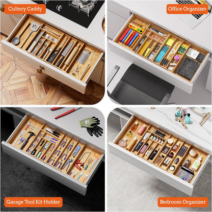Silverware Organizer Large, Magnetic Connected Expandable 13 Slots Silverware Drawer Organizer From 21 to 37.4 Inches, Adjustable Flatware and Cutlery Holder, Bamboo Utensil Tray for Kitchen Natural
