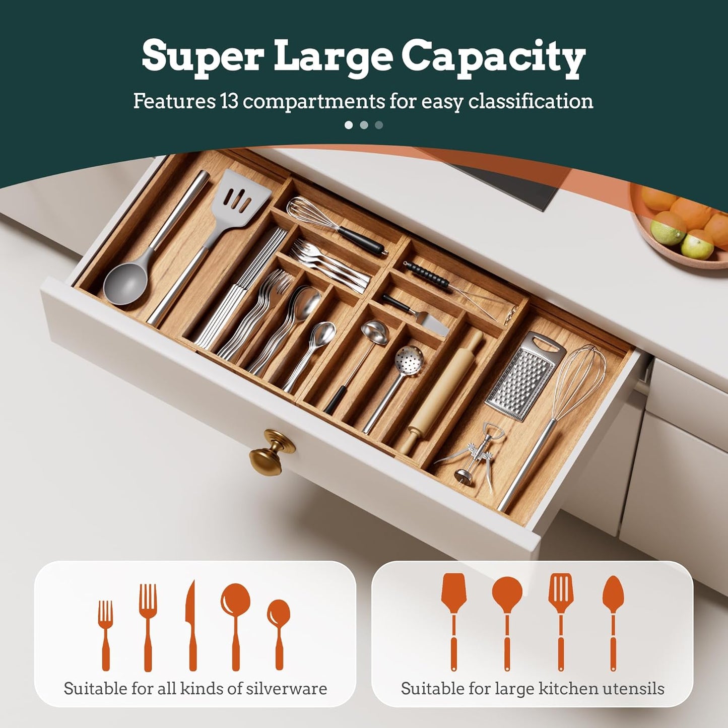 Silverware Organizer Large, Magnetic Connected Expandable 13 Slots Silverware Drawer Organizer From 21 to 37.4 Inches, Adjustable Flatware and Cutlery Holder, Bamboo Utensil Tray for Kitchen Natural