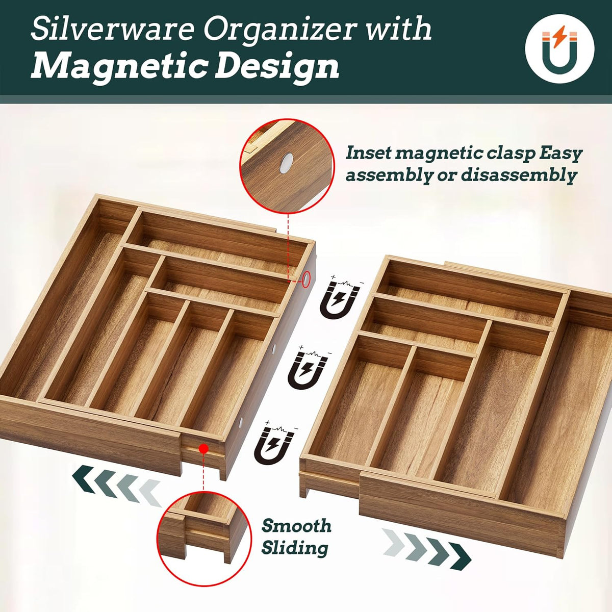 Silverware Organizer Large, Magnetic Connected Expandable 13 Slots Silverware Drawer Organizer From 21 to 37.4 Inches, Adjustable Flatware and Cutlery Holder, Bamboo Utensil Tray for Kitchen Natural