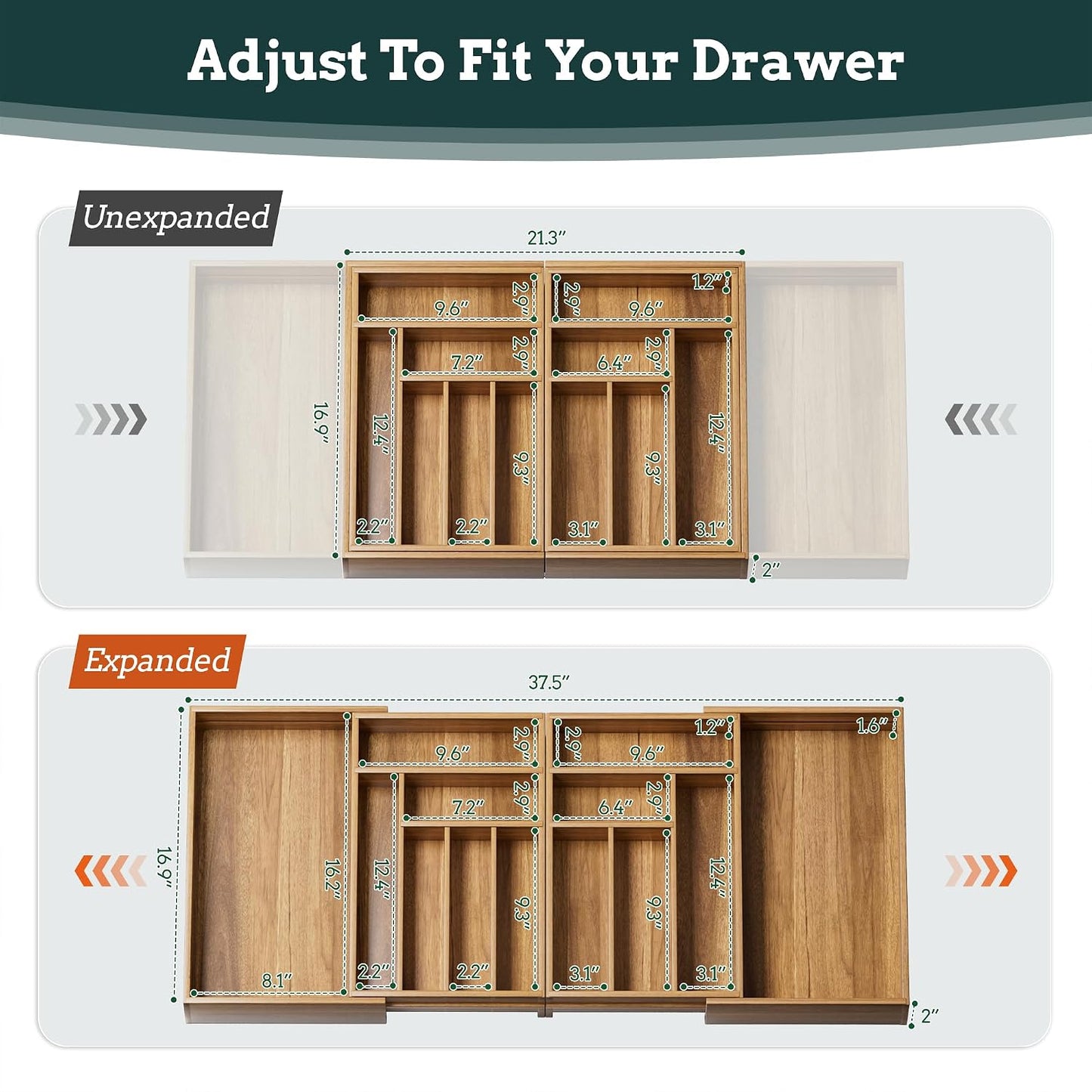 Silverware Organizer Large, Magnetic Connected Expandable 13 Slots Silverware Drawer Organizer From 21 to 37.4 Inches, Adjustable Flatware and Cutlery Holder, Bamboo Utensil Tray for Kitchen Natural