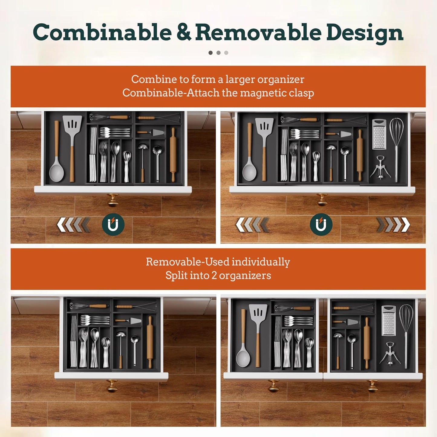 Silverware Organizer Large, Magnetic Connected Expandable 13 Slots Silverware Drawer Organizer From 21 to 37.4 Inches, Adjustable Flatware and Cutlery Holder, Bamboo Utensil Tray for Kitchen Natural