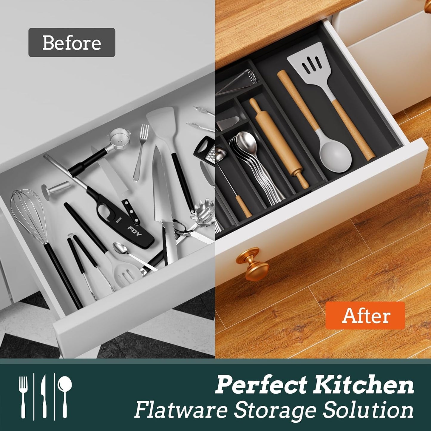 Silverware Organizer Large, Magnetic Connected Expandable 13 Slots Silverware Drawer Organizer From 21 to 37.4 Inches, Adjustable Flatware and Cutlery Holder, Bamboo Utensil Tray for Kitchen Natural