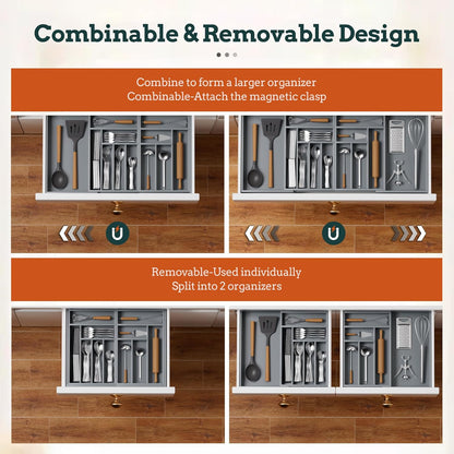 Silverware Organizer Large, Magnetic Connected Expandable 13 Slots Silverware Drawer Organizer From 21 to 37.4 Inches, Adjustable Flatware and Cutlery Holder, Bamboo Utensil Tray for Kitchen Natural