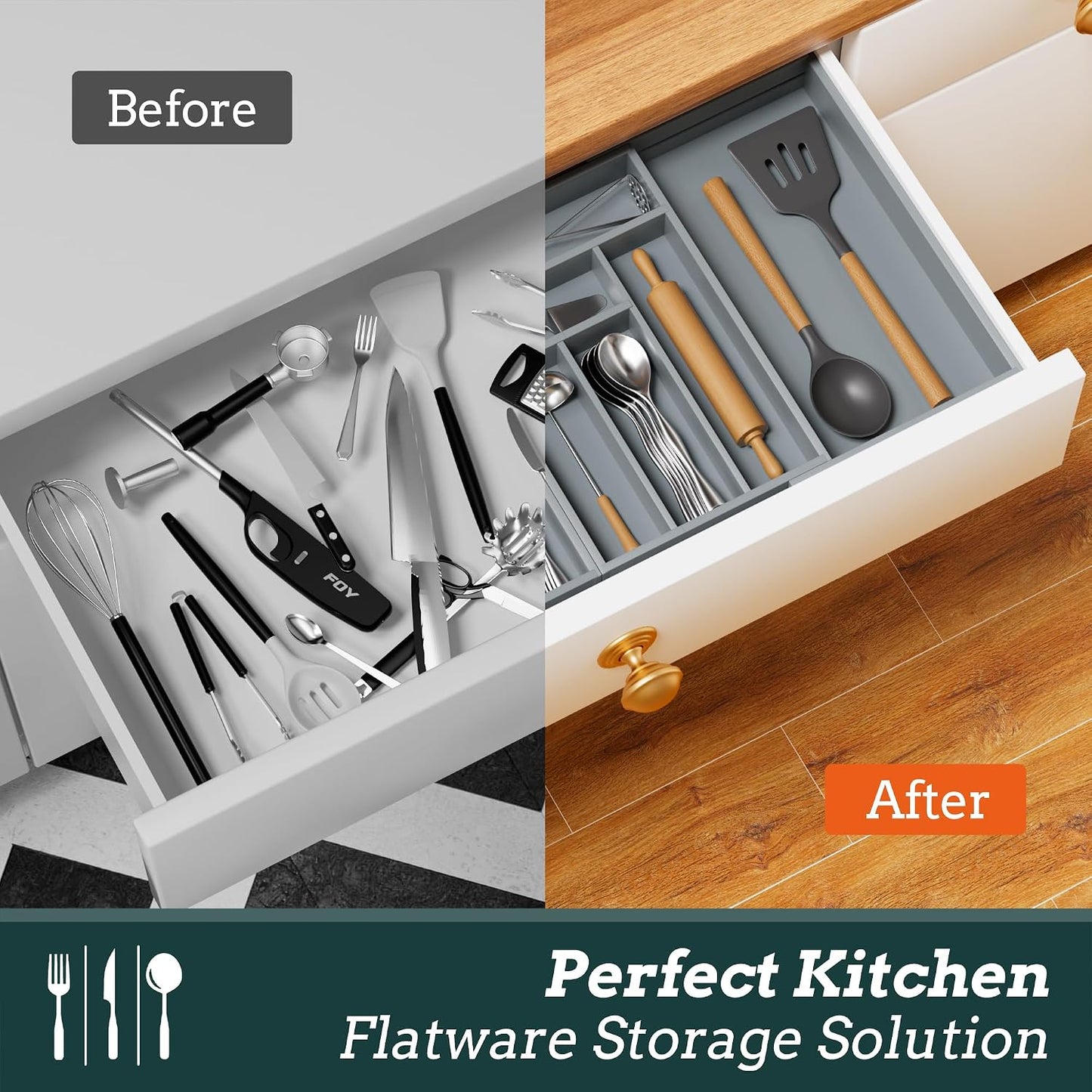 Silverware Organizer Large, Magnetic Connected Expandable 13 Slots Silverware Drawer Organizer From 21 to 37.4 Inches, Adjustable Flatware and Cutlery Holder, Bamboo Utensil Tray for Kitchen Natural