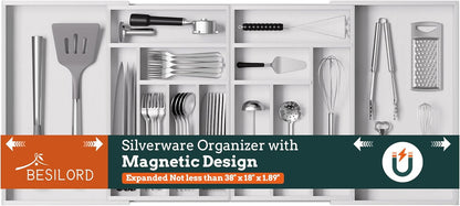 Silverware Organizer Large, Magnetic Connected Expandable 13 Slots Silverware Drawer Organizer From 21 to 37.4 Inches, Adjustable Flatware and Cutlery Holder, Bamboo Utensil Tray for Kitchen Natural