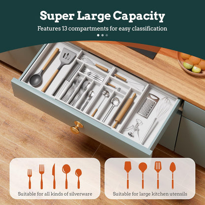 Silverware Organizer Large, Magnetic Connected Expandable 13 Slots Silverware Drawer Organizer From 21 to 37.4 Inches, Adjustable Flatware and Cutlery Holder, Bamboo Utensil Tray for Kitchen Natural